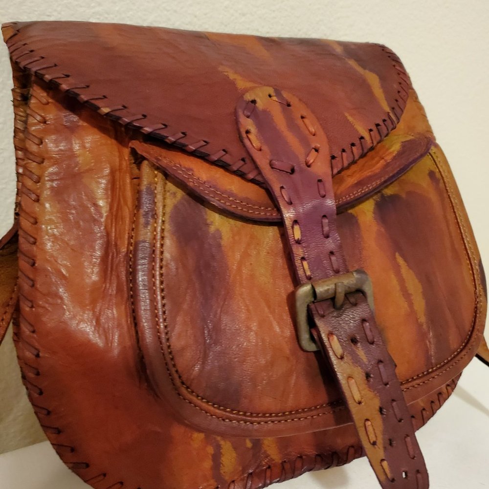 western boho cowgirl leather bag camo brown tan purple hippie tie dyed crossbody